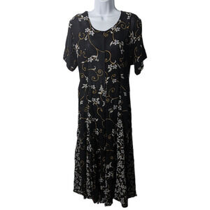 Vintage 90's Starina Floral Midi Dress Tie Back Black Blue Tan Rayon